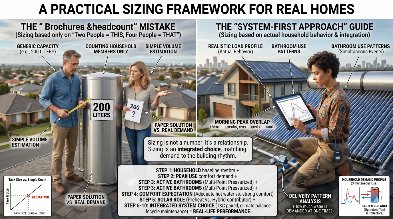 Practical sizing framework for choosing a pressurized solar water heater using household rhythm, active bathrooms, comfort level, solar role, and system integration